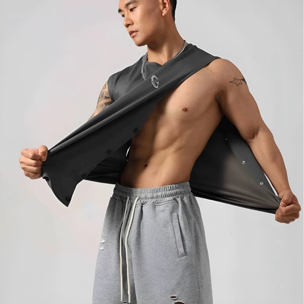 Korean style loose cotton fitness vest for men with hidden hook side opening in black colour