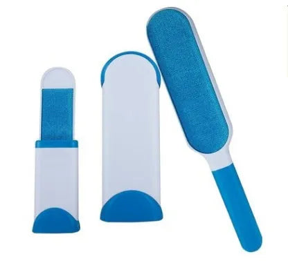 Blue reusable pet hair removal comb with a large double-sided sticky brush and a self-cleaning base unit.