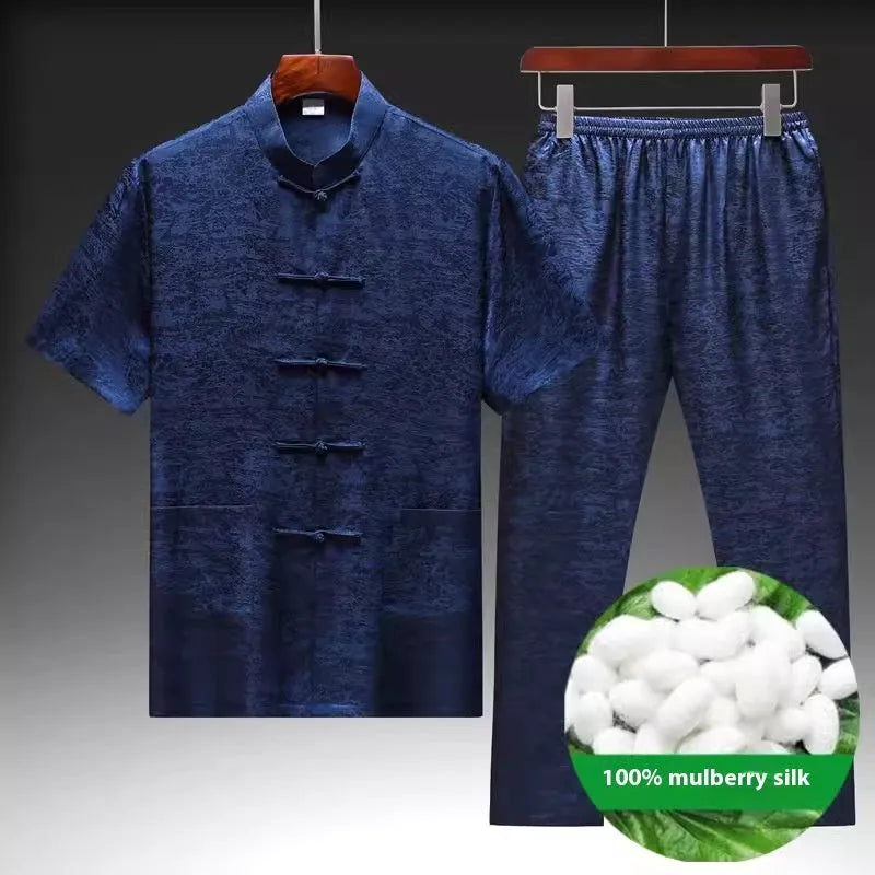 Mulberry silk Chinese-style men's Tang suit in light green with traditional button detailing