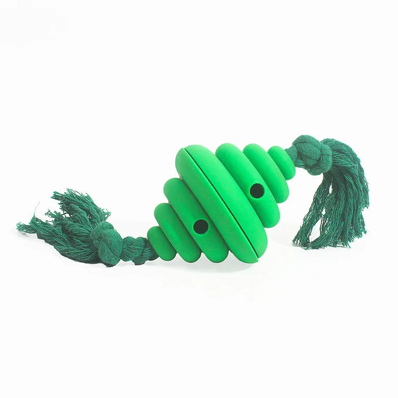 Green and yellow dog ball with knotted rope, a durable interactive toy and food dispenser for large dogs.