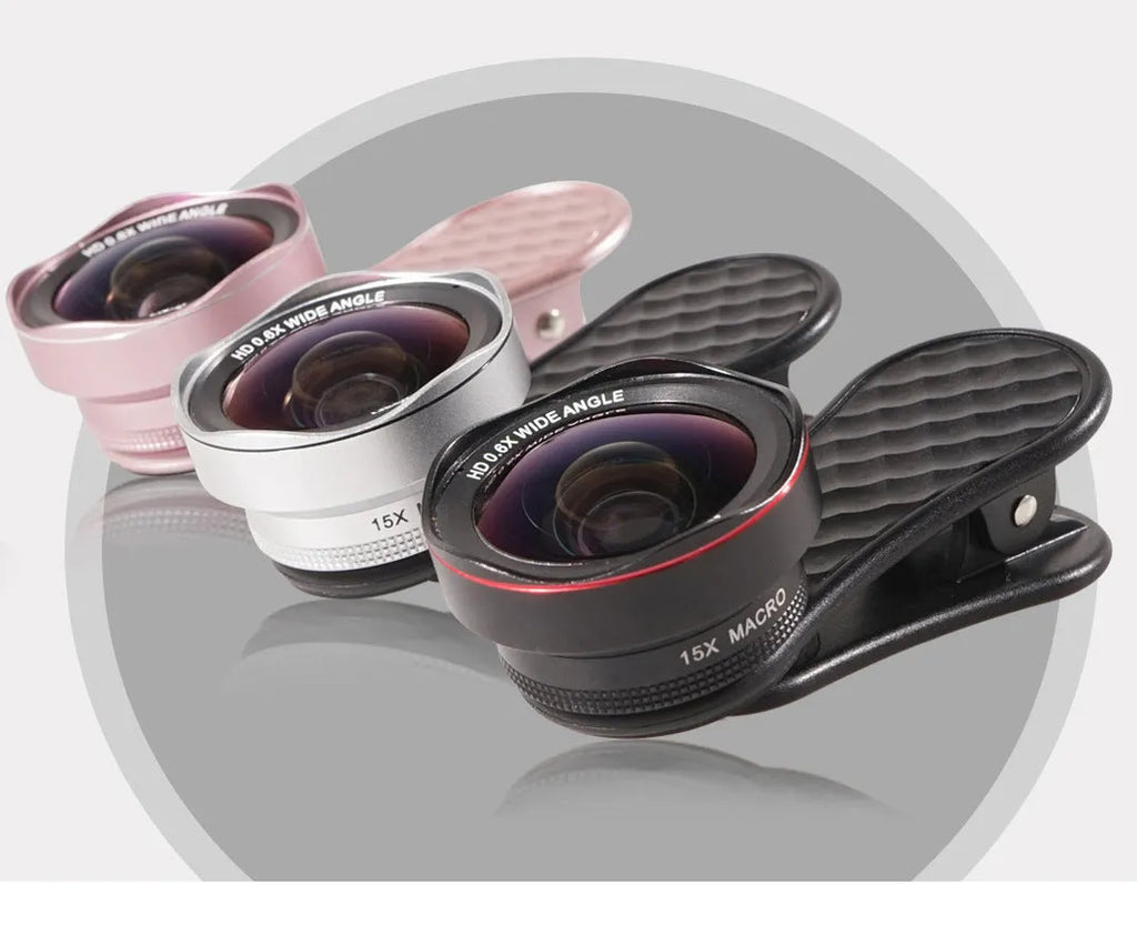 Black mobile phone lens kit with wide-angle and macro lenses, clip, and storage box