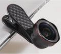 Black mobile phone lens kit with wide-angle and macro lenses, clip, and storage box