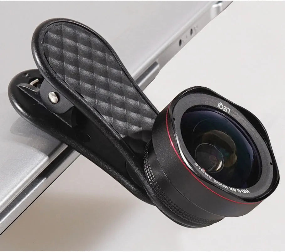 Black mobile phone lens kit with wide-angle and macro lenses, clip, and storage box