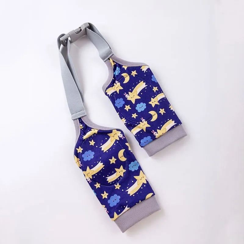 Blue dog knee protector sleeve with elbow padding and plastic buckle, shown with a matching patterned scarf.