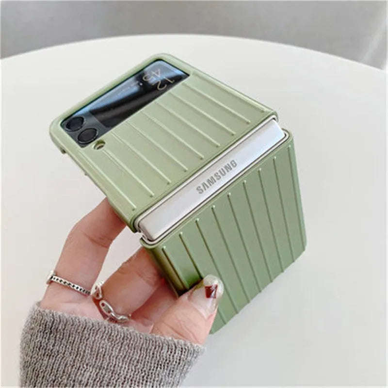 Samsung Z Flip3 ultra-thin flip phone case in solid colour options including black, red, pink, silver, gold, sky blue and light green.