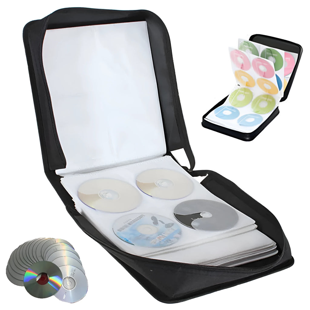 Black Oxford fabric CD storage organiser case with a zipper and top hand strap.