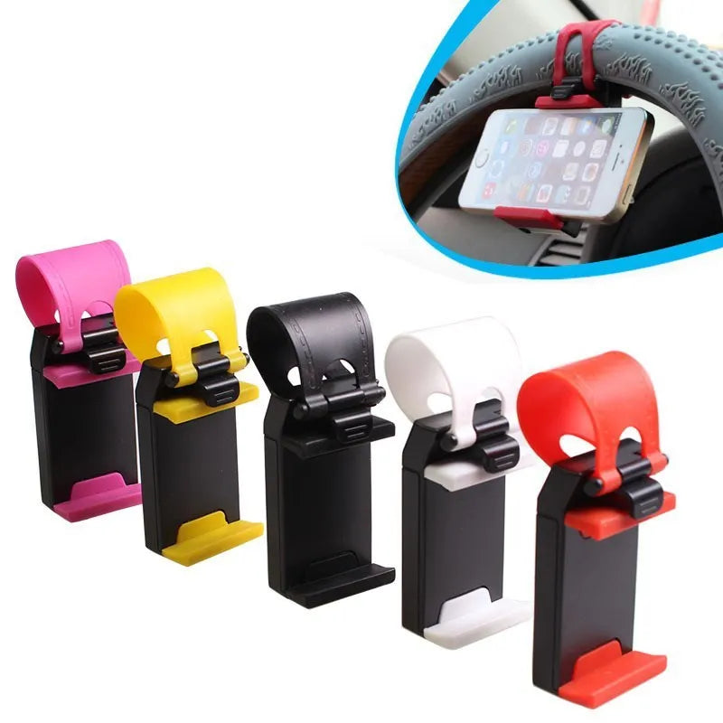 Black steering wheel phone clip mount holder showing adjustable clip and phone placement