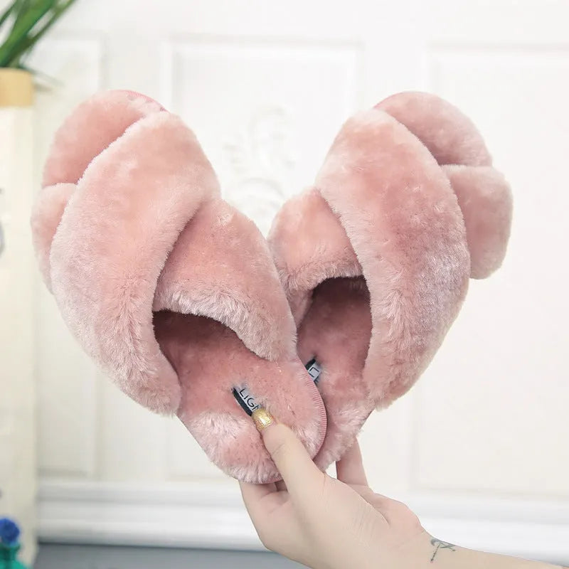Cross open-toe fur slippers showing open-toe design and patterned non-slip sole