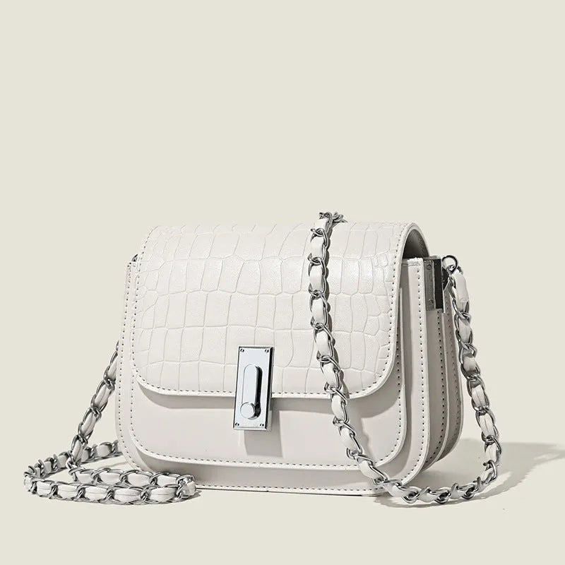 Soft PU women's cross-body chain shoulder bag in horizontal square shape with organised compartments