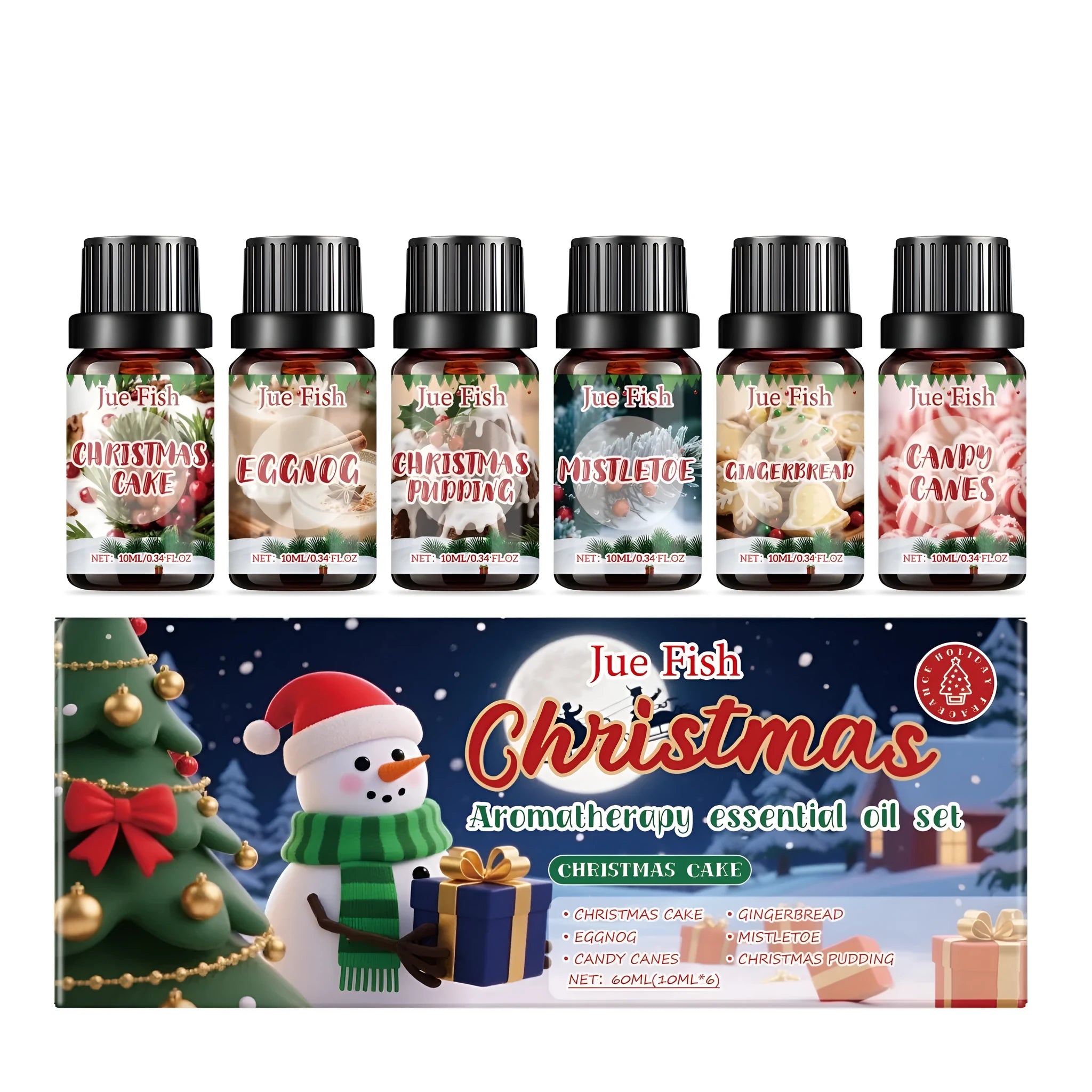 Christmas essential oil set with six 10ml bottles showing different festive scents