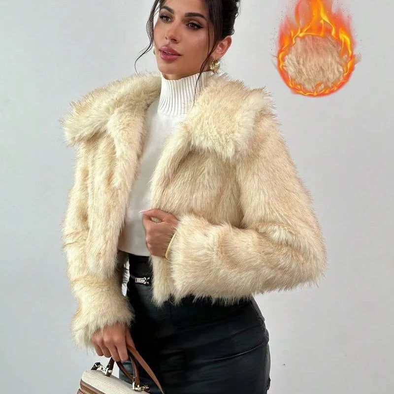 Artificial fox fur coat with fur collar in multiple colour options showing plush texture and winter styling