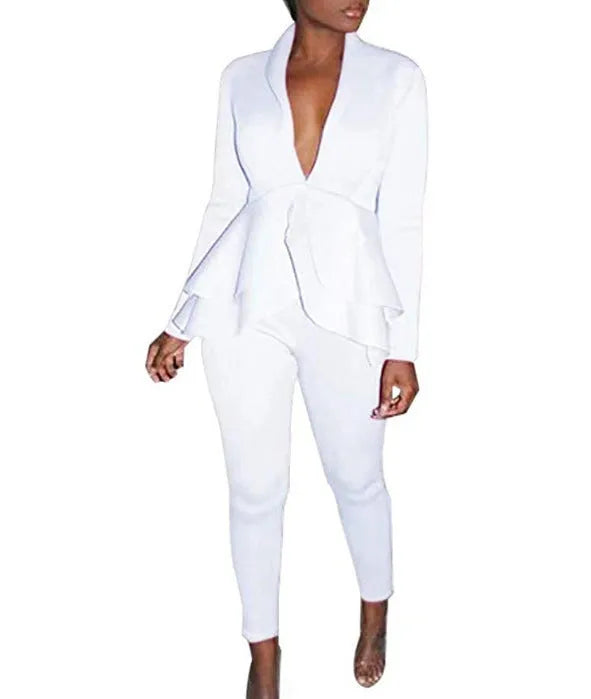 Women's ruffled business uniform set with pencil pants in multiple colour options