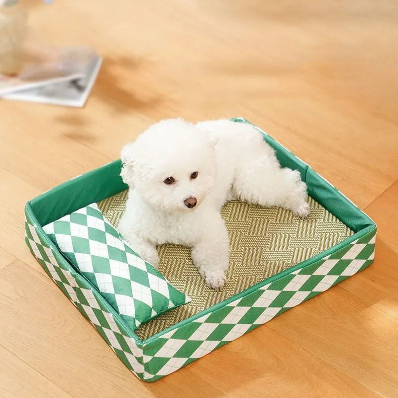Rattan cat bed and litter mat in blue or green showing textured surface and non-removable base design