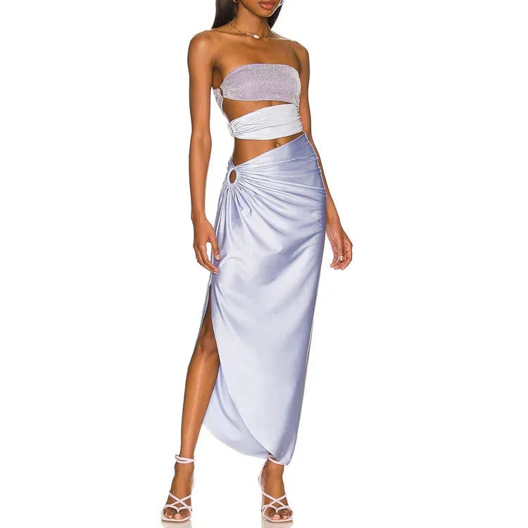 Purple one-piece swimsuit with matching wrap skirt made from quick-drying polyester fabric