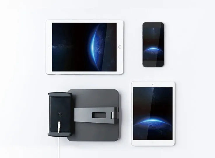 Foldable aluminium desktop phone and tablet holder showing 360° rotation capability