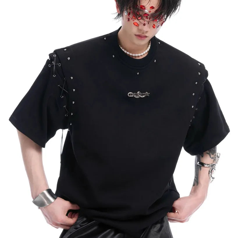 Black short sleeve t-shirt with side lace-up cutout detail on white background