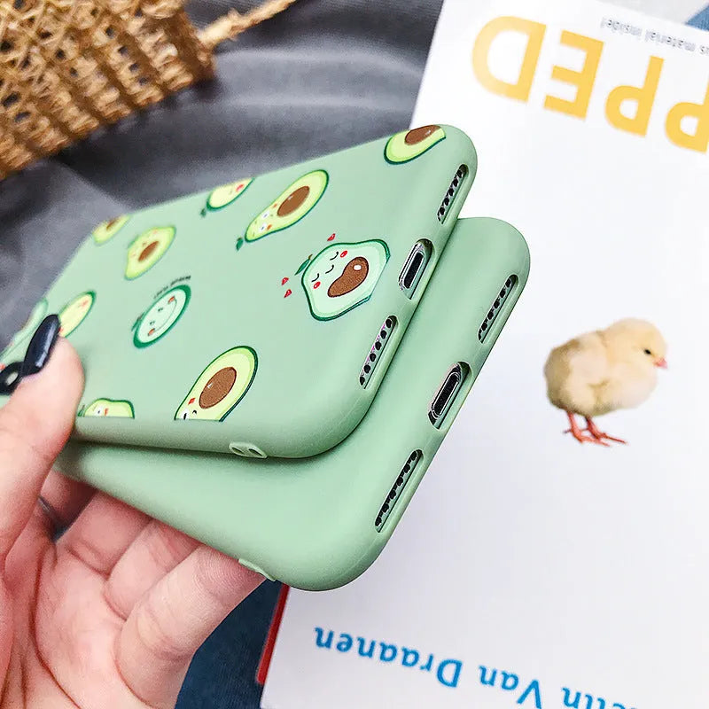 Cartoon avocado design printed on a green TPU phone back cover for Apple iPhone.