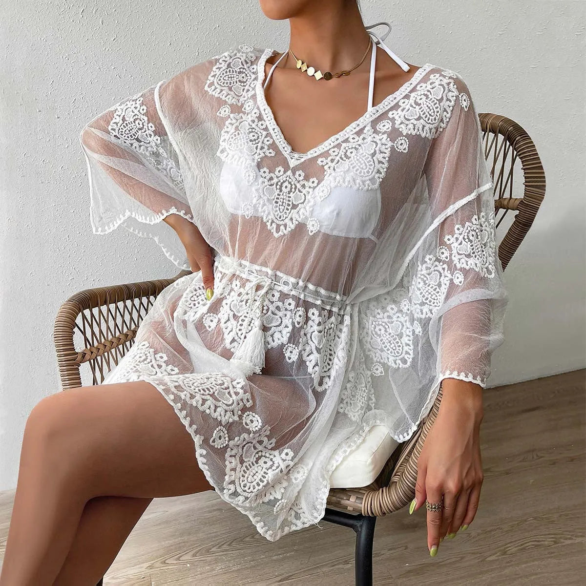 White water-soluble beach blouse for women with free size fitting and acrylic lining