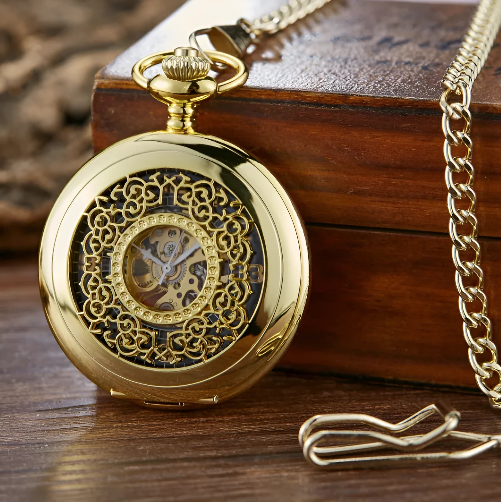 Retro hollow case automatic pocket watch with large floral dial on thick alloy strap