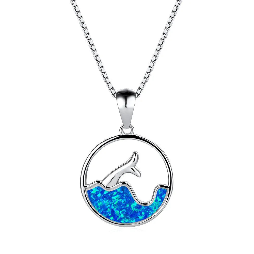 White gold electroplated copper necklace with geometric sea fishtail pendant and round opal accents