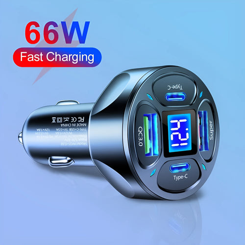 66W black car charger with digital display, two USB ports and two Type-C ports