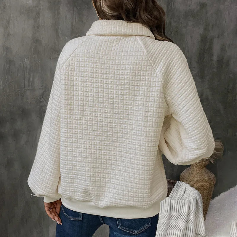 Women's textured polo collar sweater in milky white beige thickened polyester knit