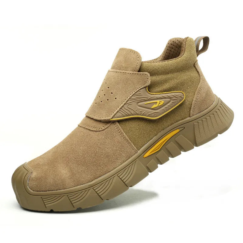 Steel toe cap high-top welding work shoes with front lace-up closure and mid-top design