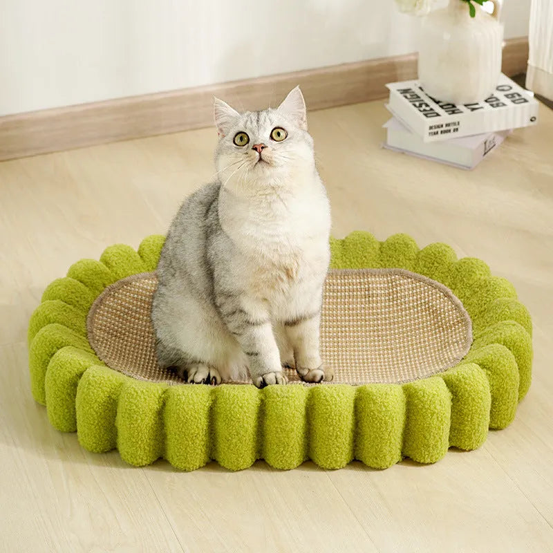 Green oval cat scratch pad bowl with sisal scratching surface measuring 650x420mm
