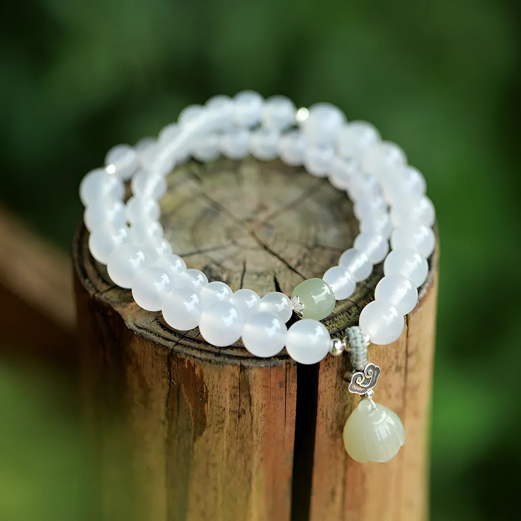White agate and Hetian jade geometric bracelet in S925 sterling silver for women.