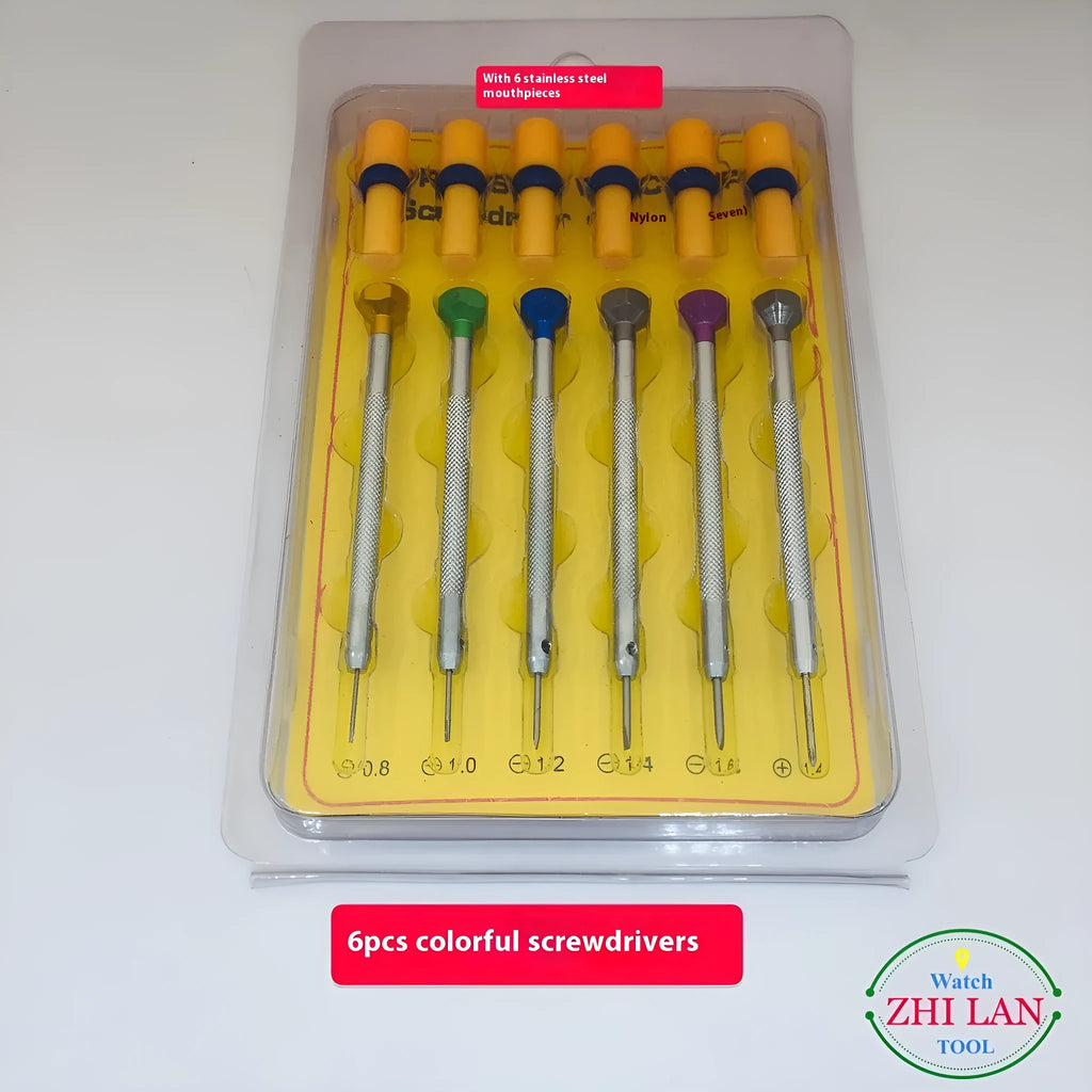 Six colour-coded aluminium screwdrivers with copper handles for watch repair and metre repair tool
