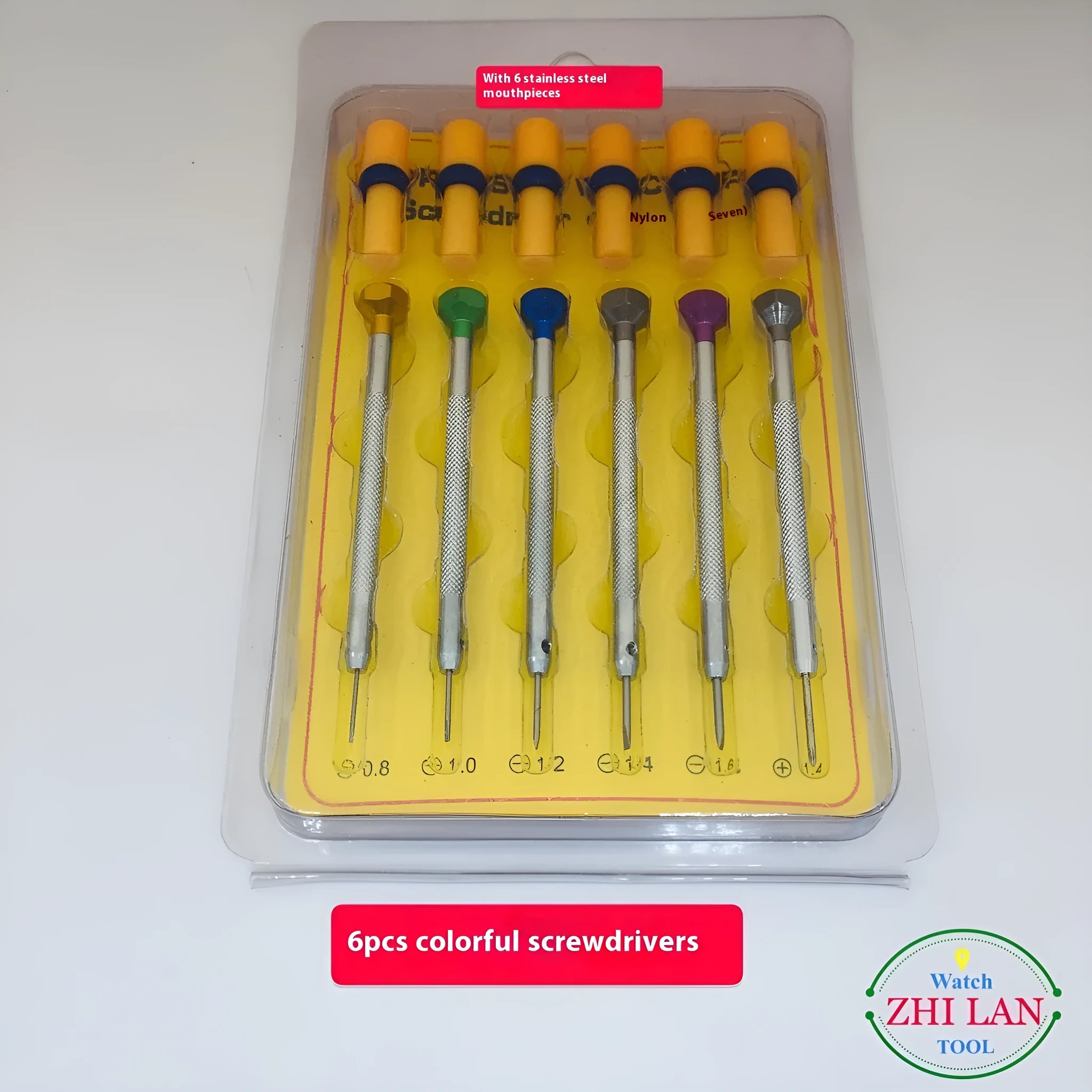 Six colour-coded aluminium screwdrivers with copper handles for watch repair and metre repair tool