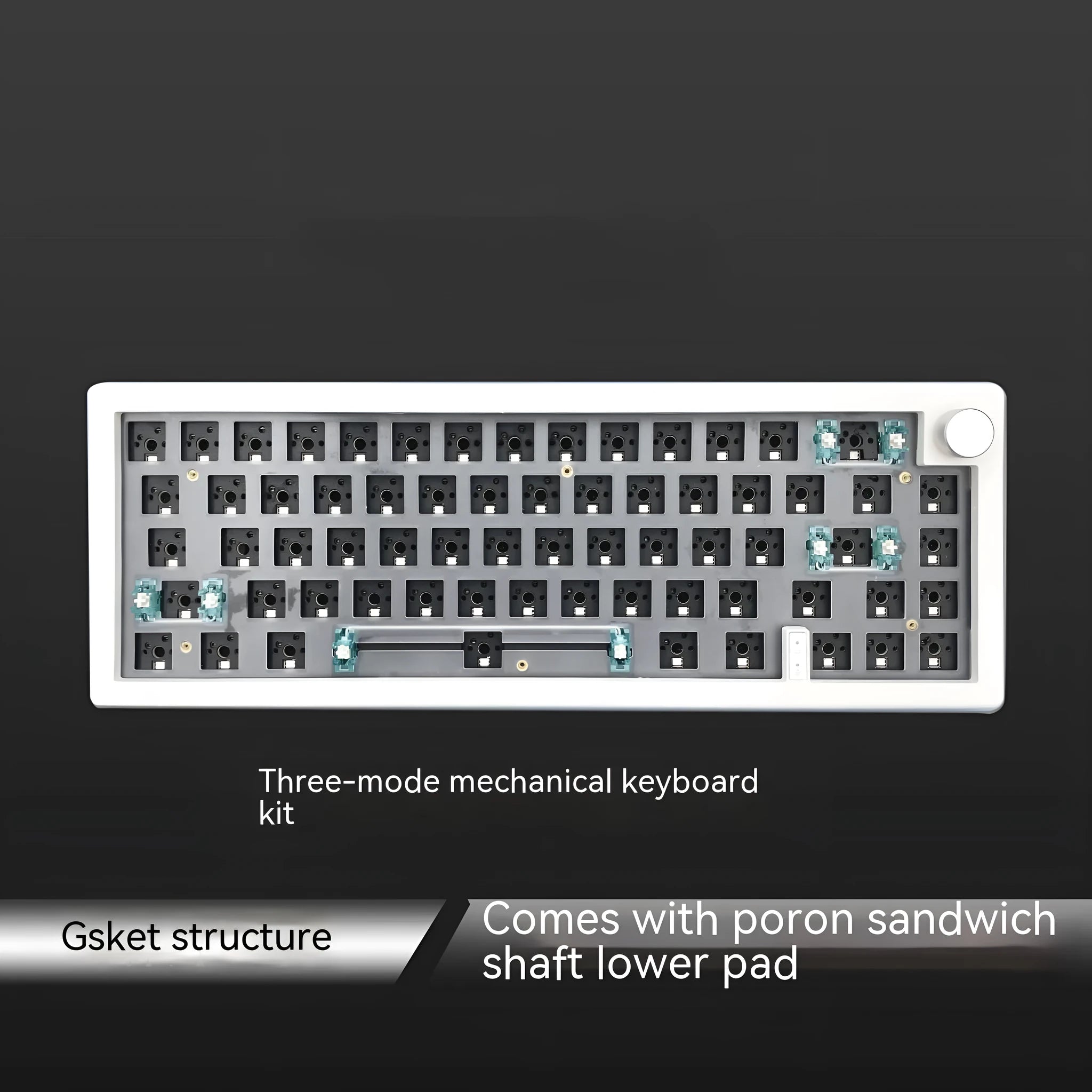 DIY hot-swappable mechanical keyboard kit with RGB lighting and rotary knob in seven colour options
