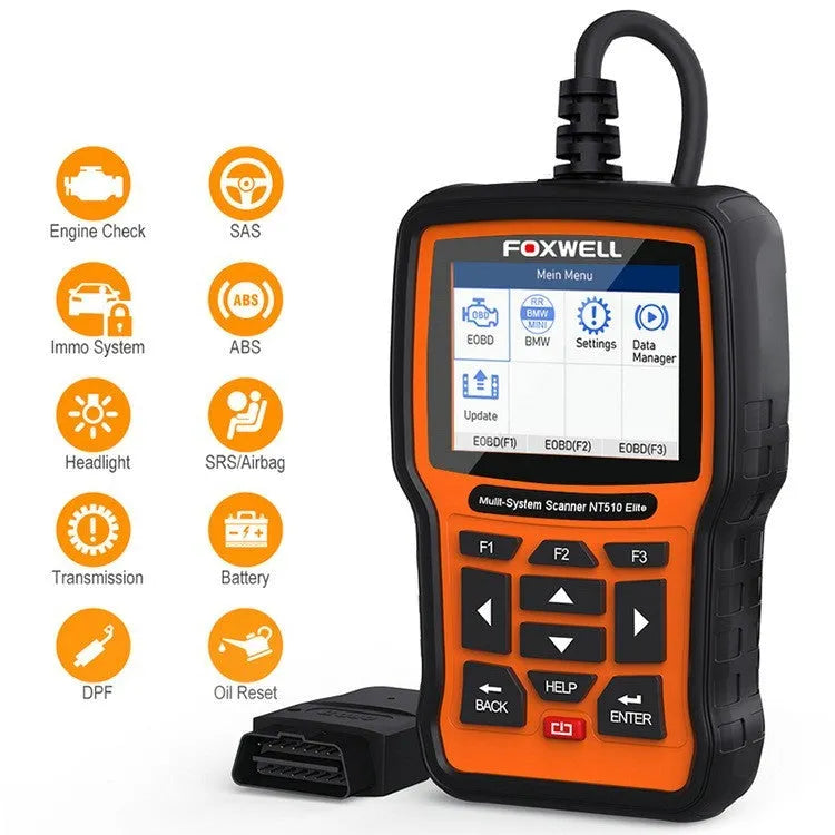 Foxwell NT510 orange and black automotive diagnostic scanner with screen and data cable.