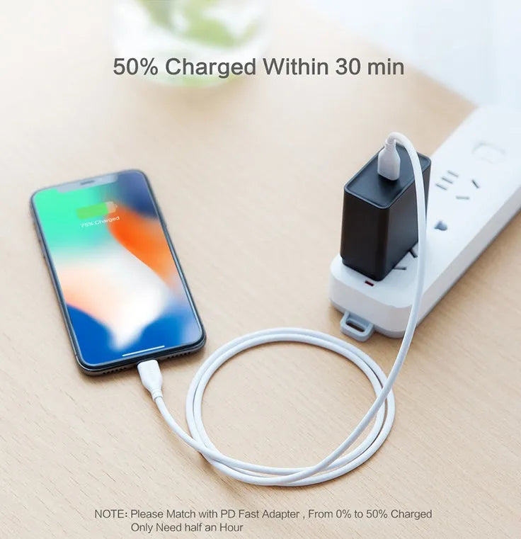 White braided nylon Apple USB-C to Lightning cable measuring 1 metre with aluminium connectors