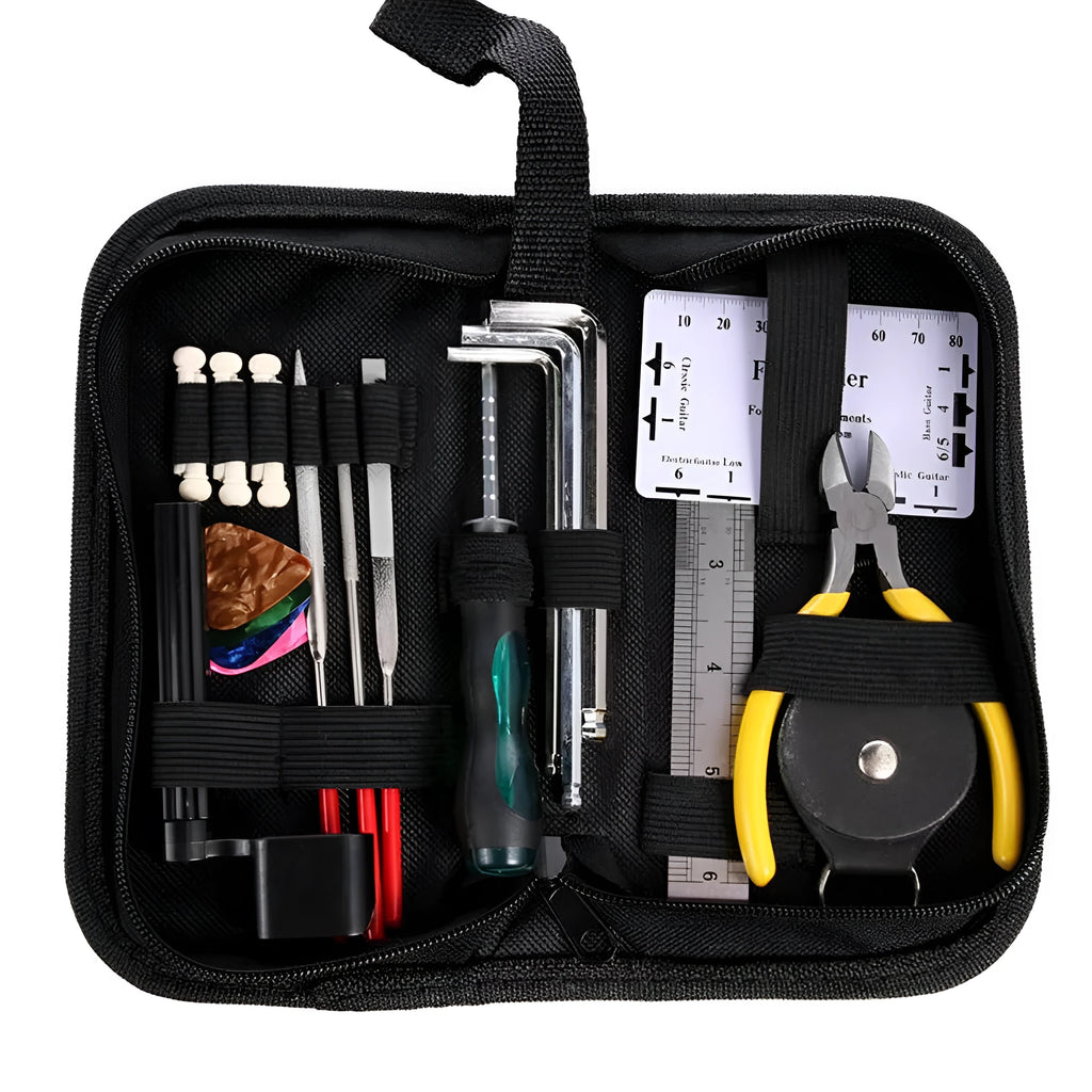 Black plastic case open to reveal a guitar and bass repair tool kit with metal tools for mandolin and banjo maintenance.