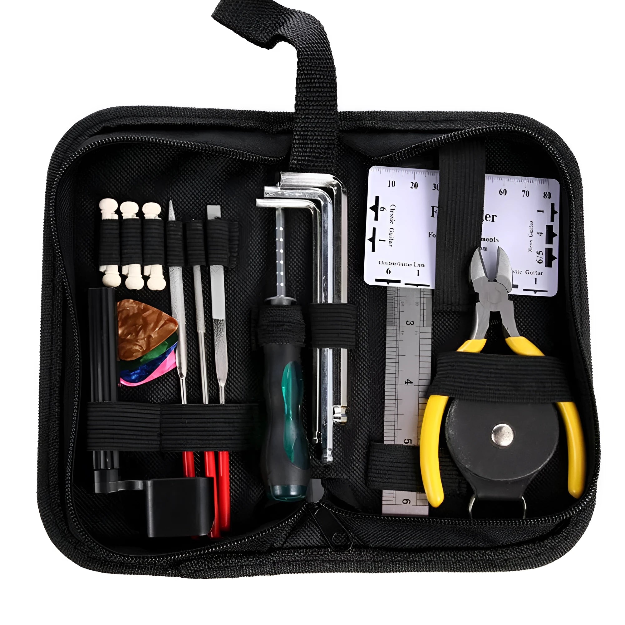 Black plastic case open to reveal a guitar and bass repair tool kit with metal tools for mandolin and banjo maintenance.