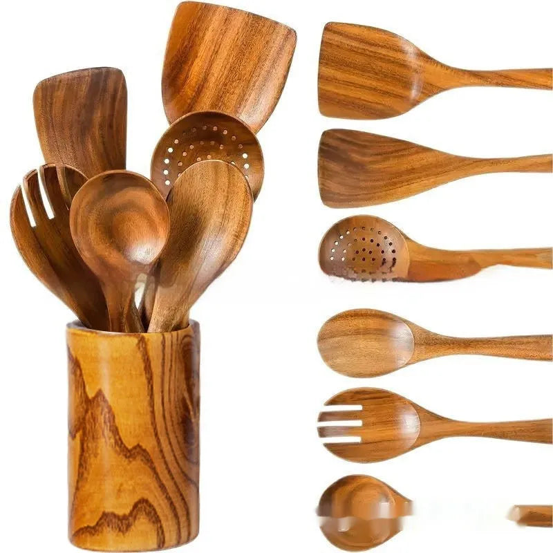 7-piece wooden kitchen tableware set with spoon, spatula and soup spoon items