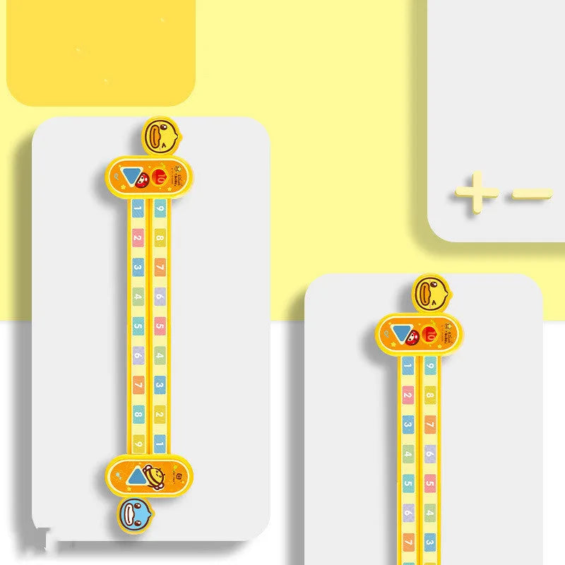 A yellow plastic children's cartoon digital decomposition ruler showing measurements up to 24.5 cm.