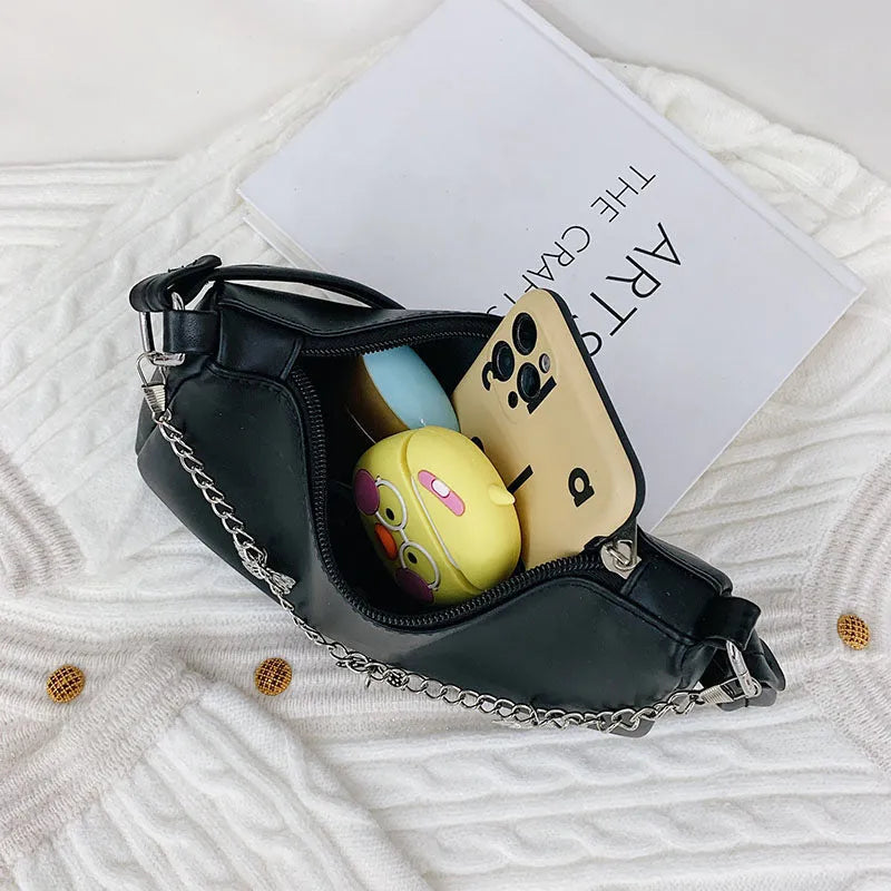 Horizontal square PU leather chain crossbody bag in light blue with an external pocket.