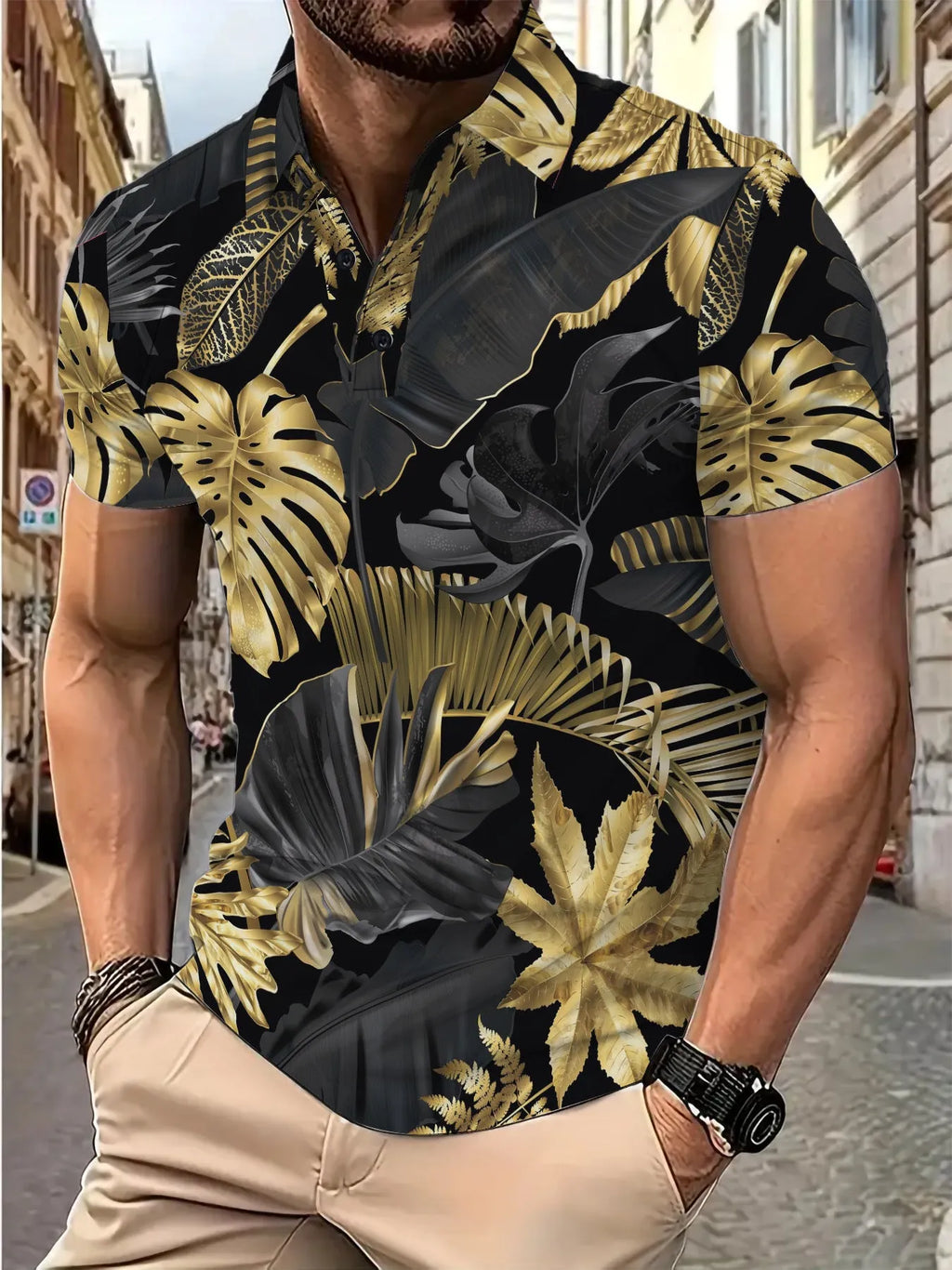 Gold men's shirt with tropical plant pattern print and short sleeves