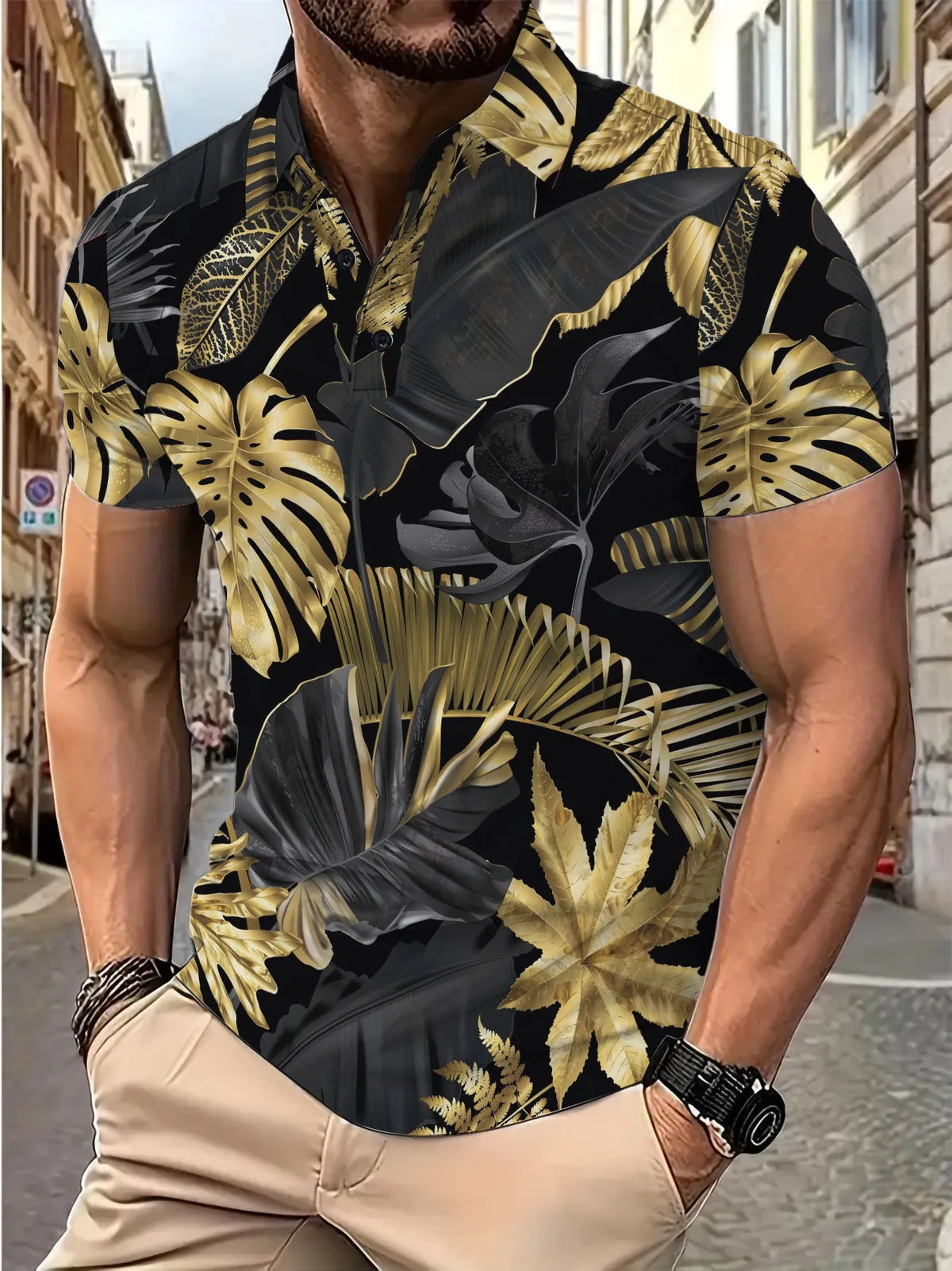 Gold men's shirt with tropical plant pattern print and short sleeves