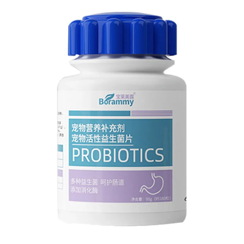Bottle of 180 pet probiotic tablets for dog and cat digestive health support