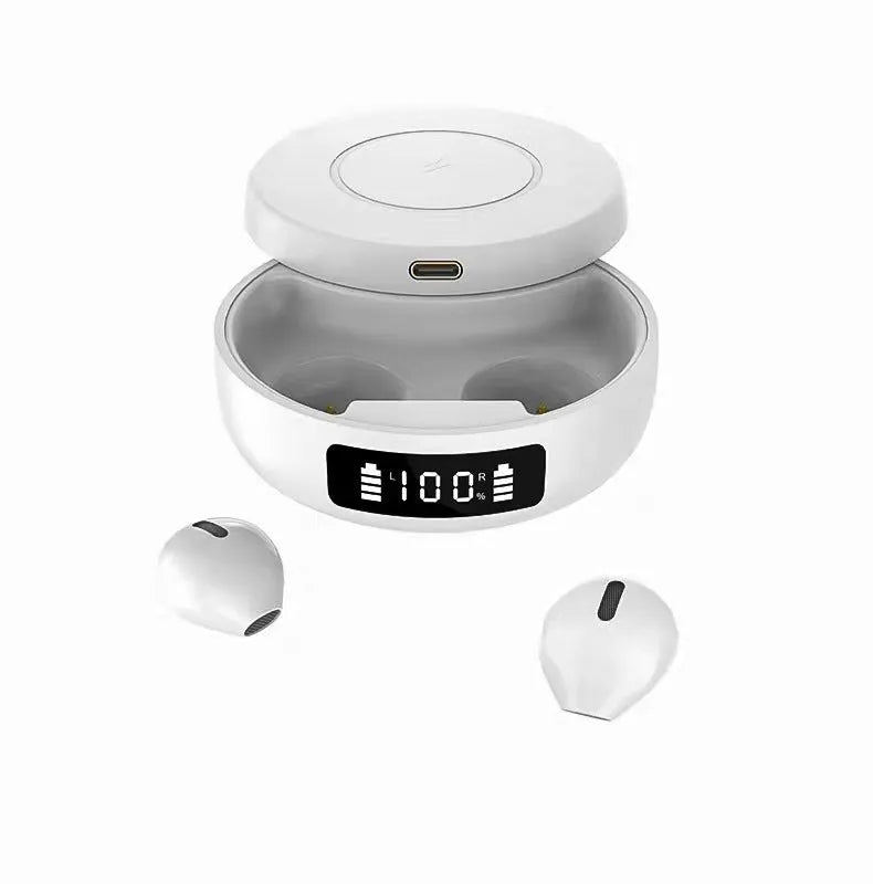 Mini semi-in-ear wireless headphones with charging case in black, blue or white colours