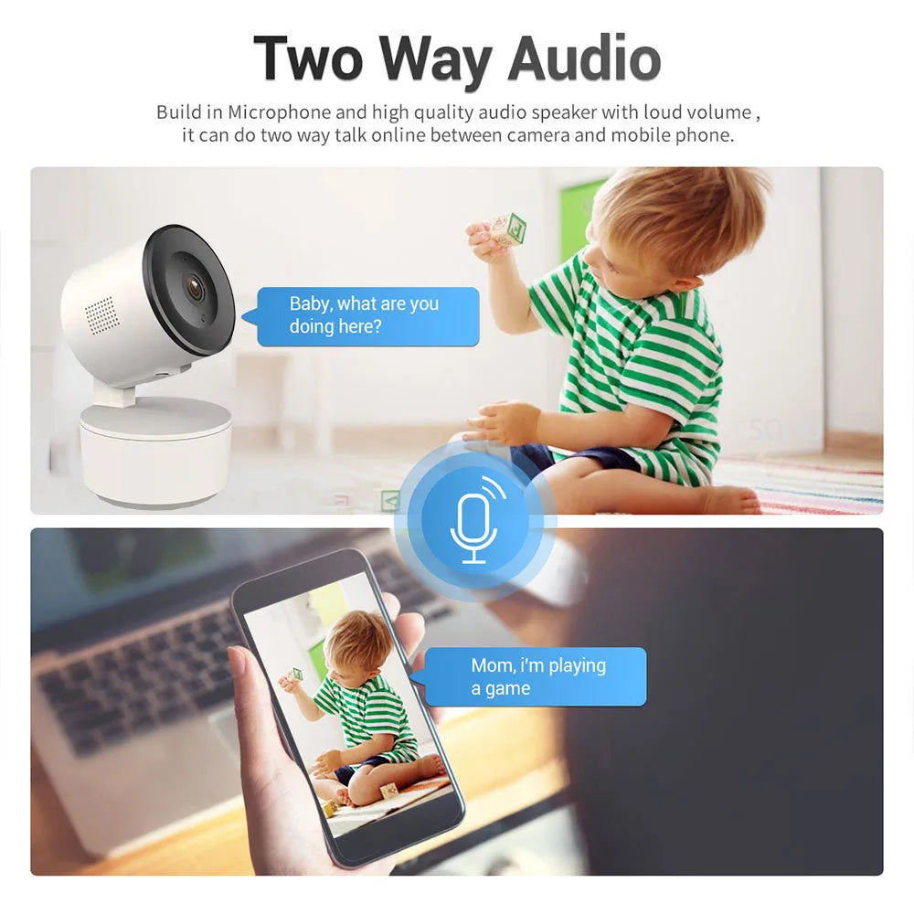 Indoor smart WiFi security camera with pan-tilt base on a desktop.