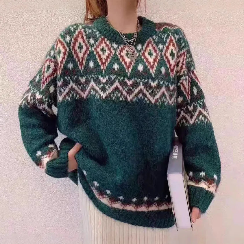 Striped retro loose fit pullover knitted top with long sleeves in white or red