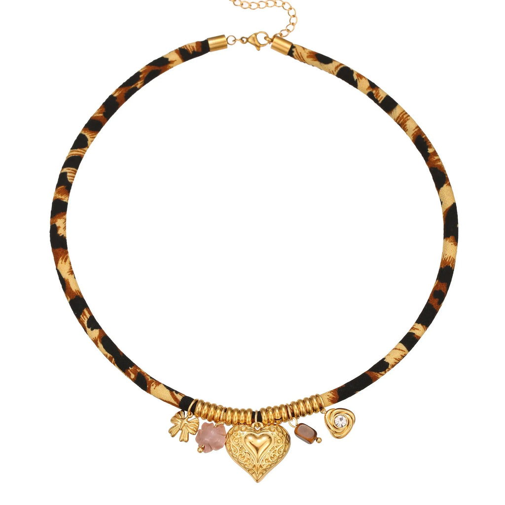 Geometric leopard design stainless steel necklace with gold electroplating and adjustable chain