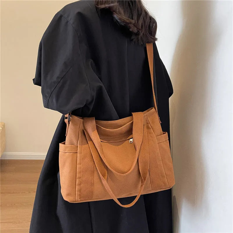 Large capacity polyester canvas tote bag with sandwich pocket and internal phone compartment