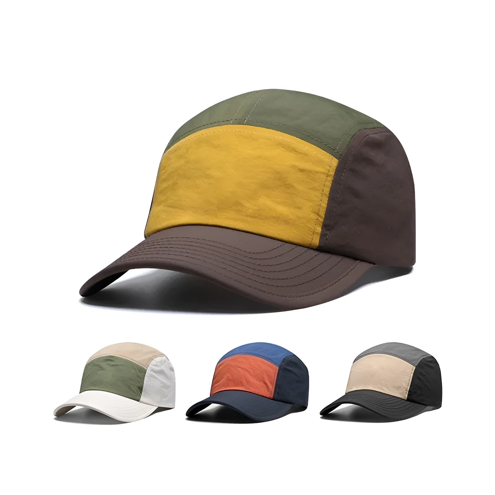 Men's baseball cap with colour matching panels and curved brim in quick-dry polyester cotton fabric