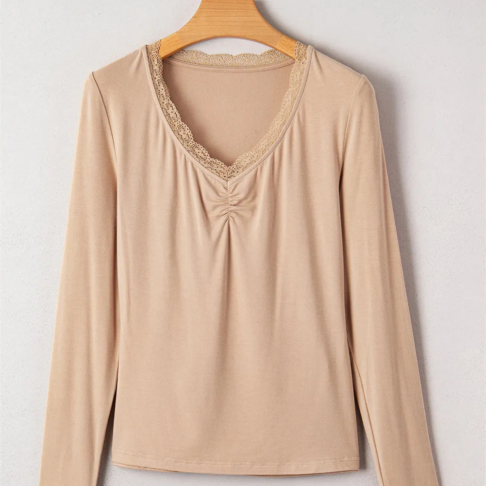 Women's solid colour long sleeve casual top with lace trim in red or skin tone, slim fit pullover style
