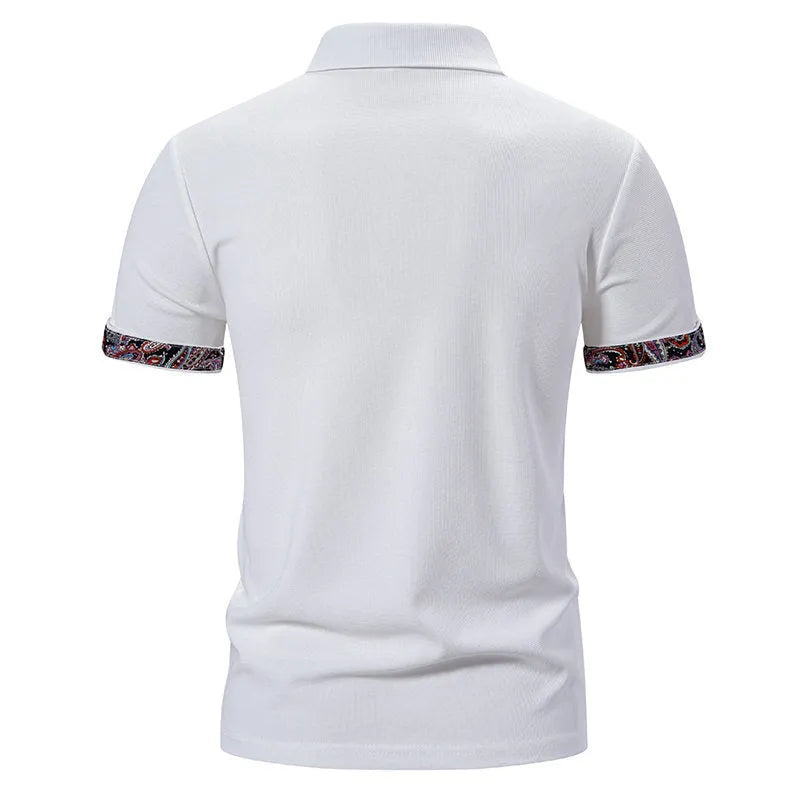 Men's polo shirt in cotton blend fabric with turnover collar and short sleeves, shown in white colour.